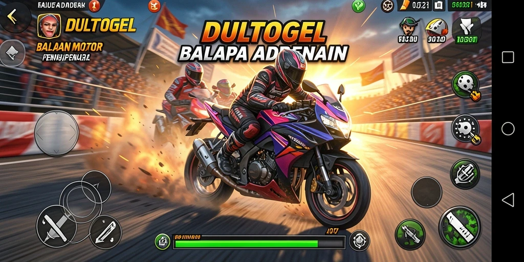 Screenshot DULTOGEL menampilkan aksi balapan motor yang seru.