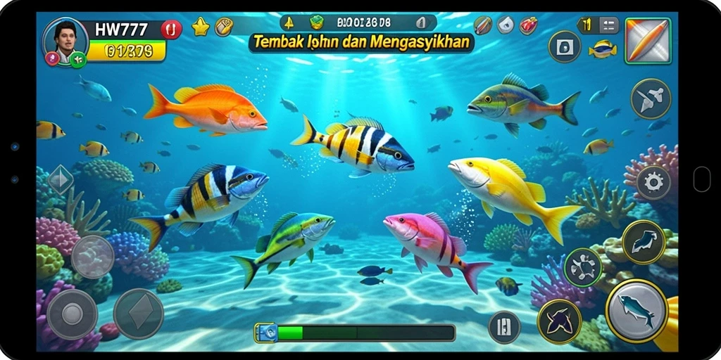 Tampilan menarik gameplay Tembak Ikan HW777 yang penuh aksi.