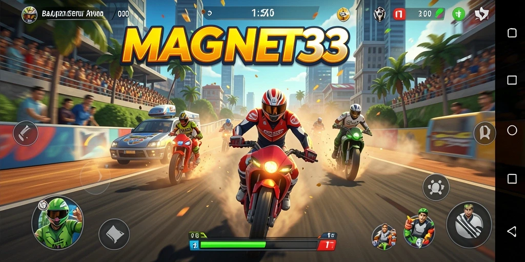 Screenshot gameplay MAGNET33 menunjukkan aksi balapan yang mendebarkan.